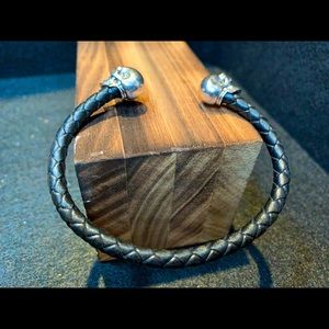 Men’s Skull and Leather wrapped cuff bracelet 8in